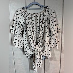 Cream Black Polka Dot Bell Sleeve Off Shoulder Front Tie Knot Top